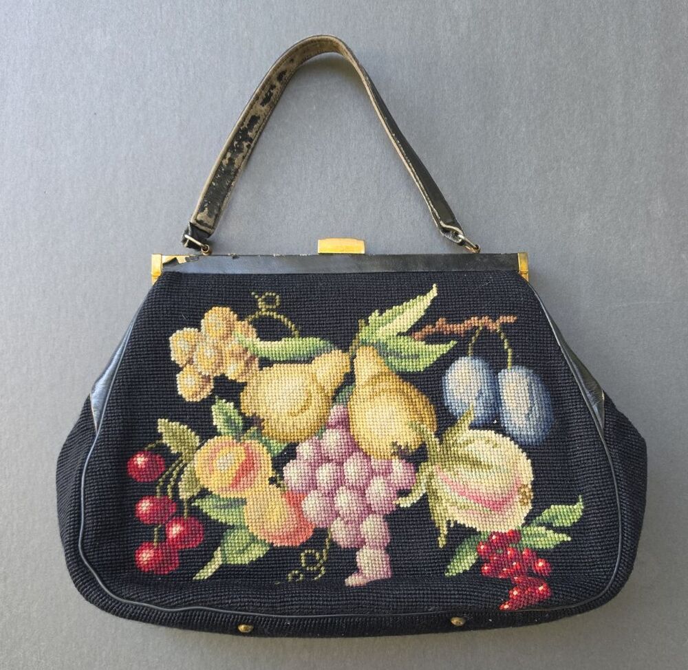 Vintage Mid Century Needlepoint Fruit Handbag Top Handle Purse As Is Repair